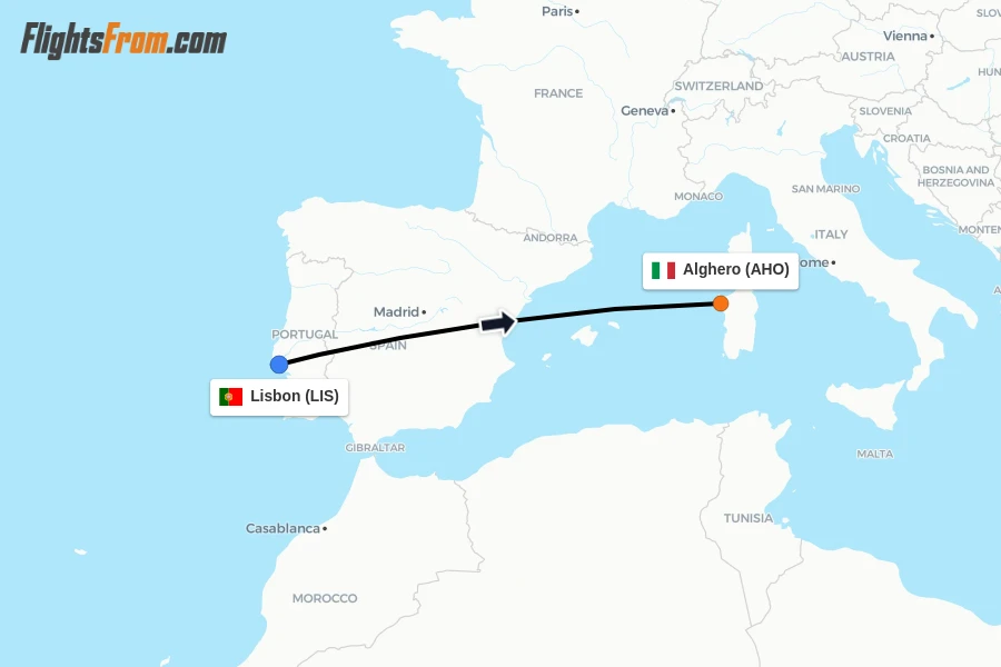 Flights from Lisbon to Alghero route map