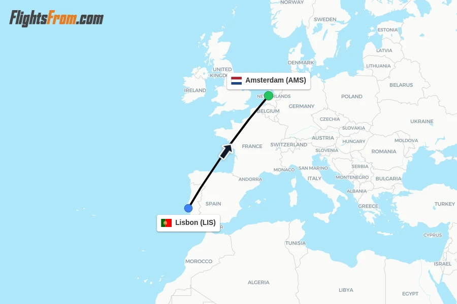Flights from Lisbon to Amsterdam route map