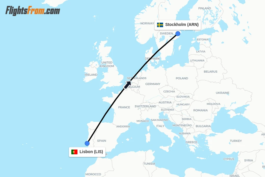 Flights from Lisbon to Stockholm route map