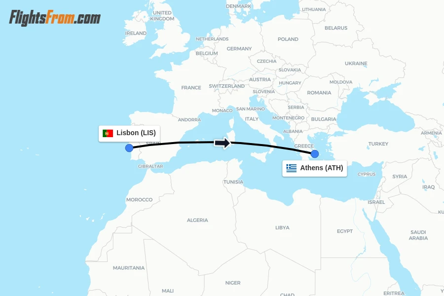 Flights from Lisbon to Athens route map