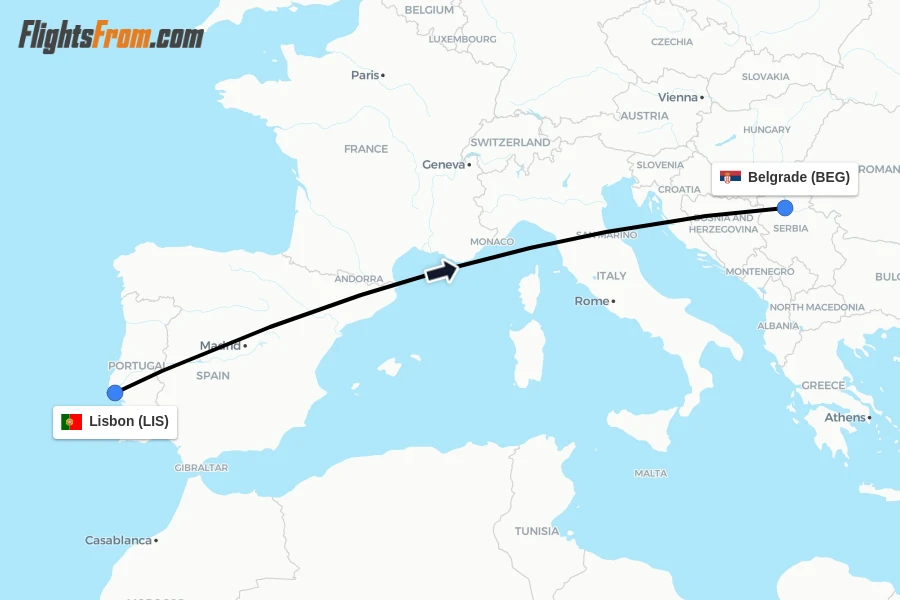 Flights from Lisbon to Belgrade route map
