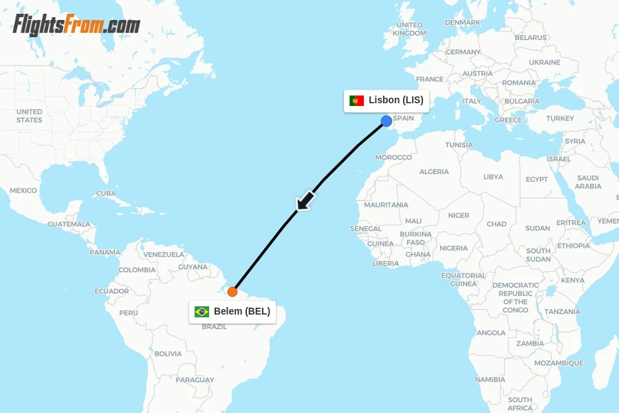 Flights from Lisbon to Belem route map