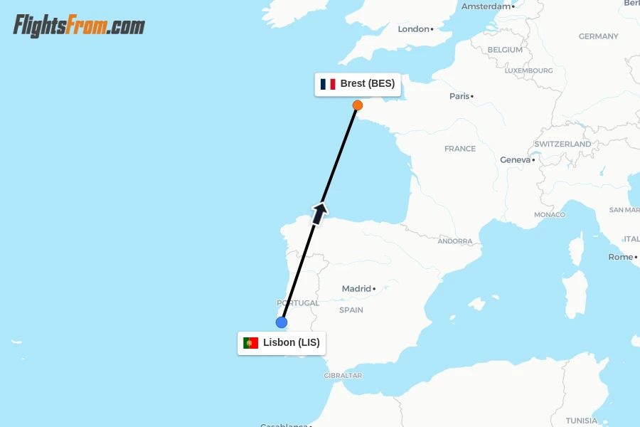 Flights from Lisbon to Brest route map