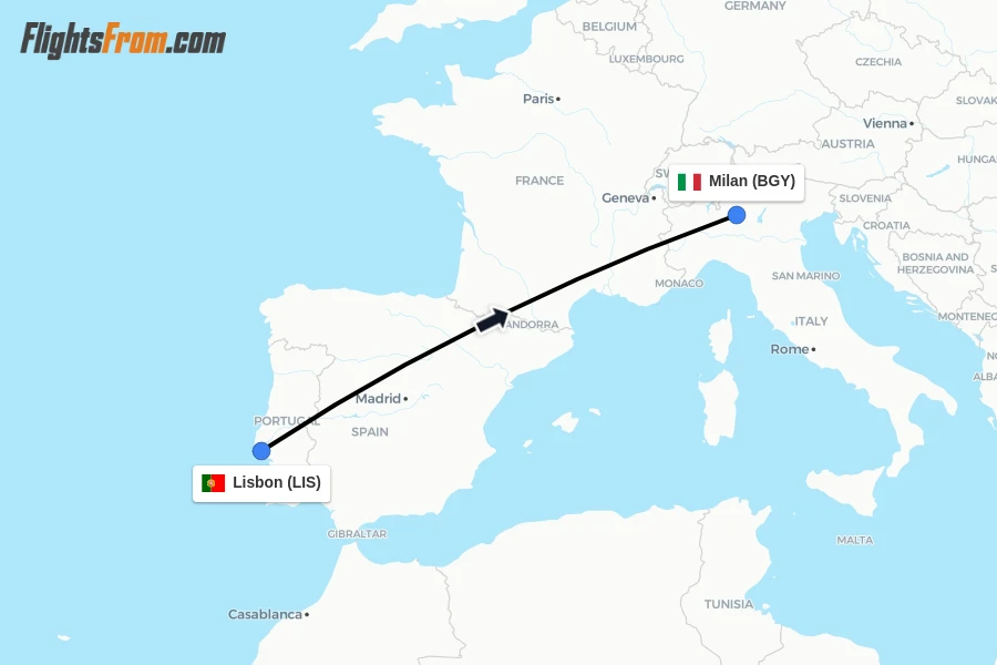 Flights from Lisbon to Milan route map