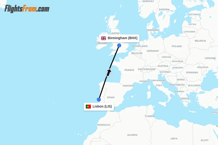 Flights from Lisbon to Birmingham route map