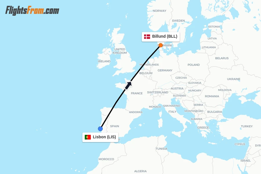 Flights from Lisbon to Billund route map