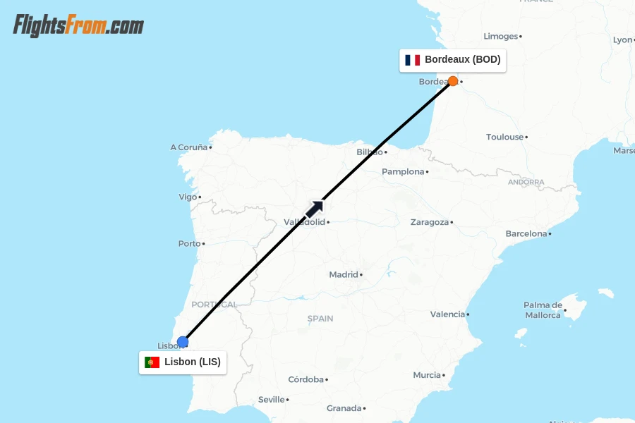 Flights from Lisbon to Bordeaux route map