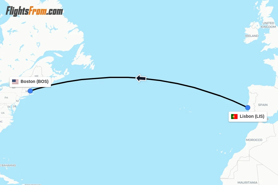 Flights from Lisbon to Boston route map