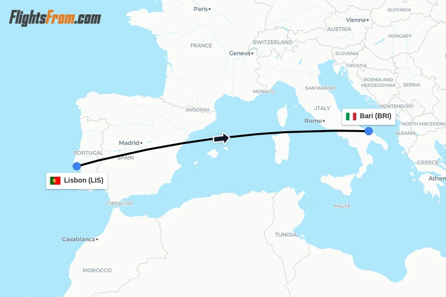 Flights from Lisbon to Bari route map