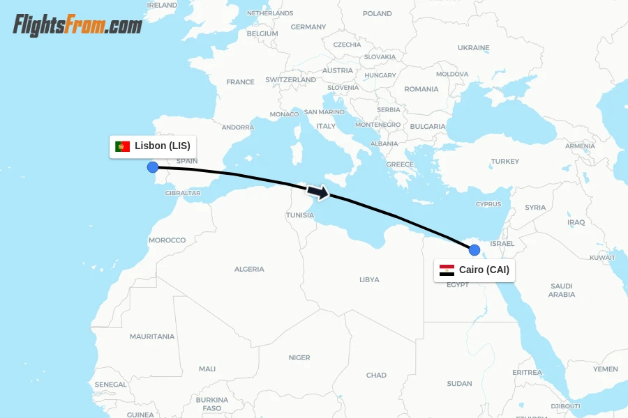 Flights from Lisbon to Cairo route map