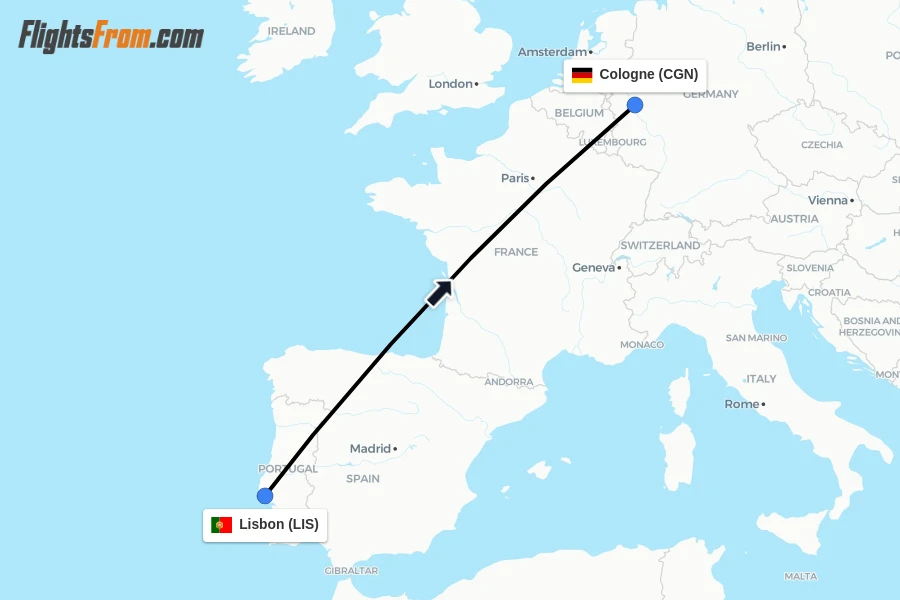 Flights from Lisbon to Cologne route map
