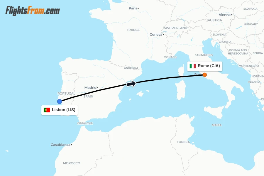 Flights from Lisbon to Rome route map