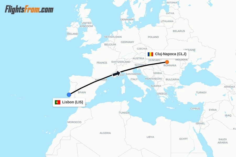 Flights from Lisbon to Cluj-Napoca route map