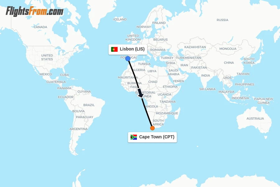Flights from Lisbon to Cape Town route map