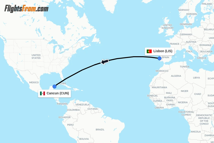 Flights from Lisbon to Cancun route map