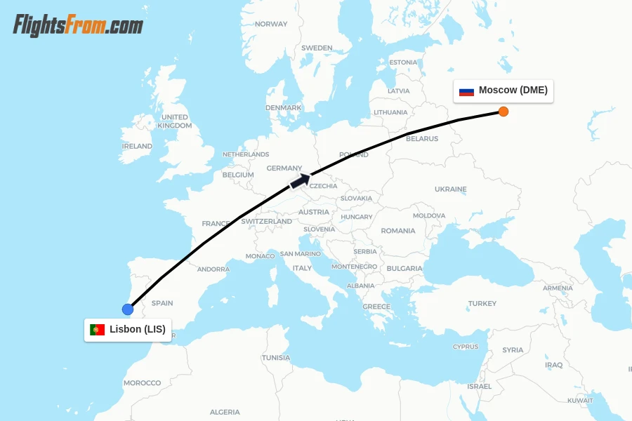 Flights from Lisbon to Moscow route map