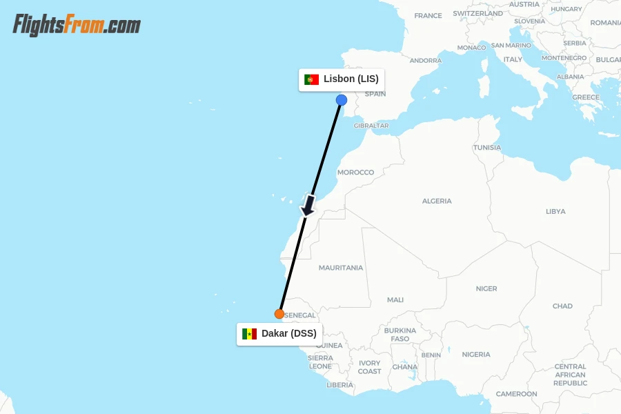 Flights from Lisbon to Dakar route map