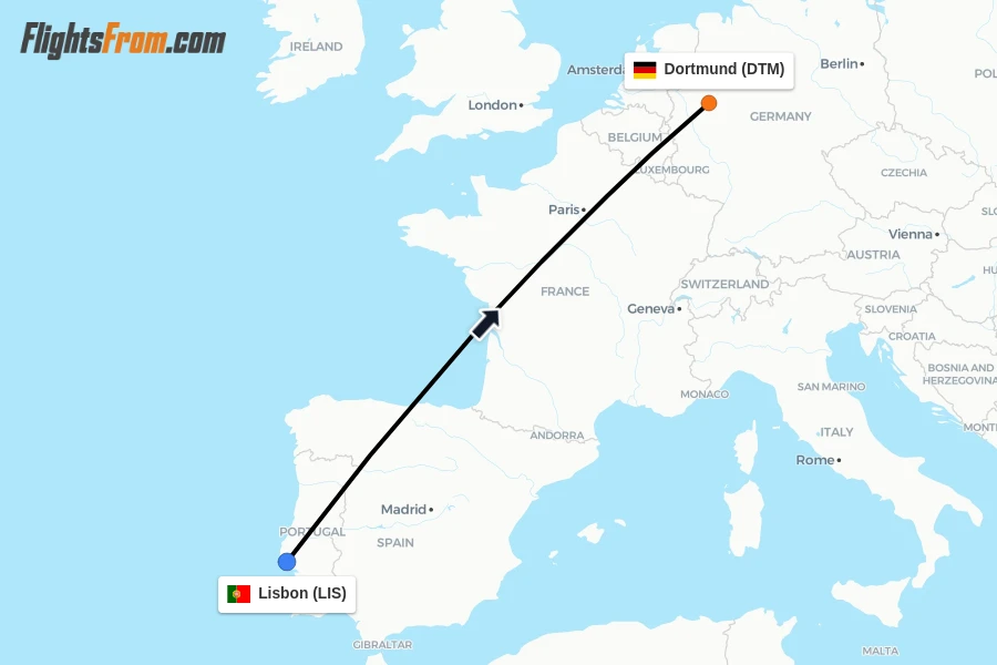 Flights from Lisbon to Dortmund route map