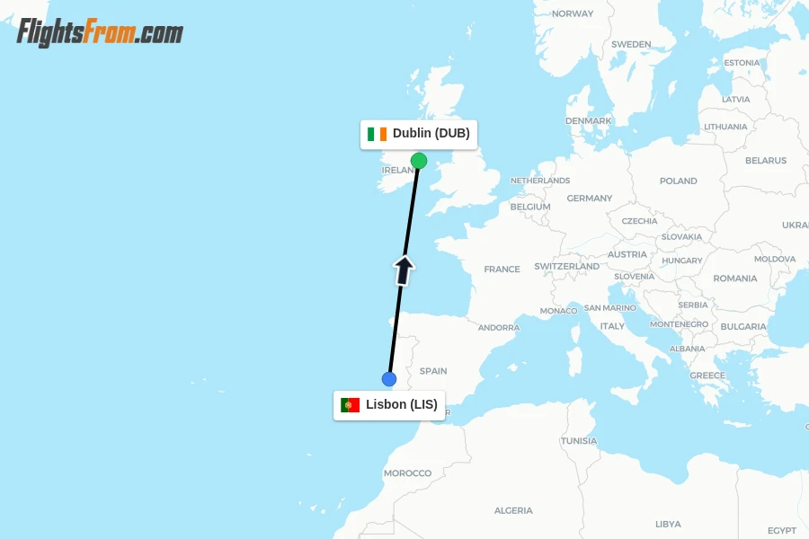 Flights from Lisbon to Dublin route map