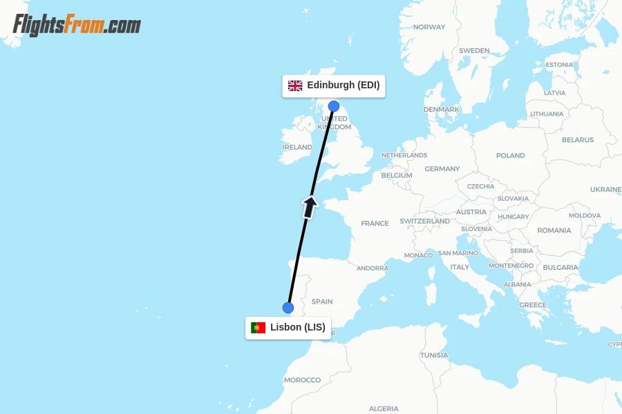 Flights from Lisbon to Edinburgh route map
