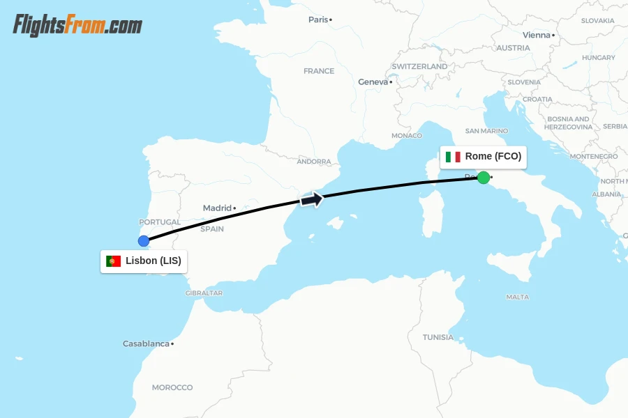 Flights from Lisbon to Rome route map