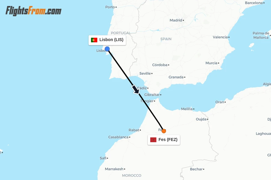 Flights from Lisbon to Fes route map