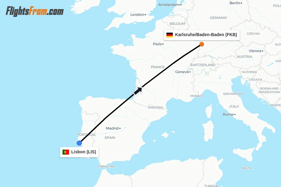 Flights from Lisbon to Karlsruhe/Baden-Baden route map