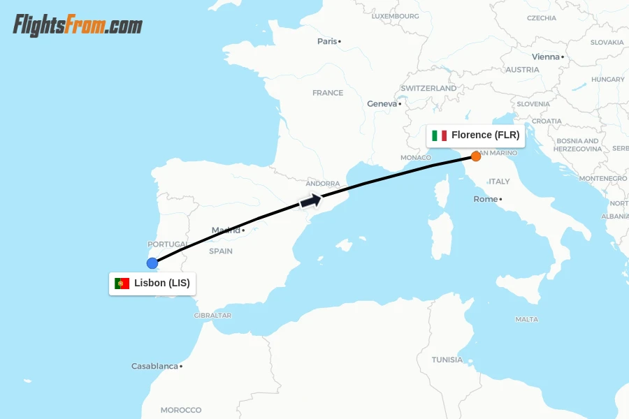 Flights from Lisbon to Florence route map