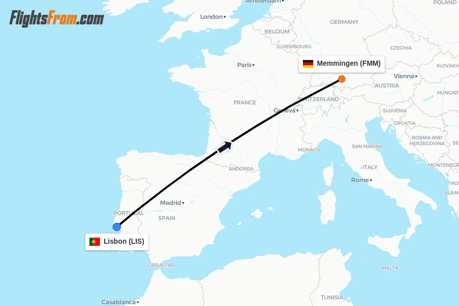 Flights from Lisbon to Memmingen route map