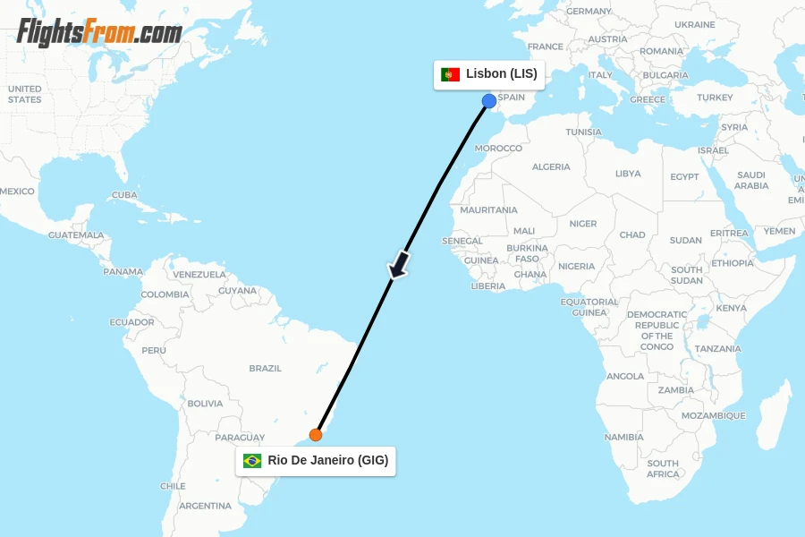 Flights from Lisbon to Rio De Janeiro route map