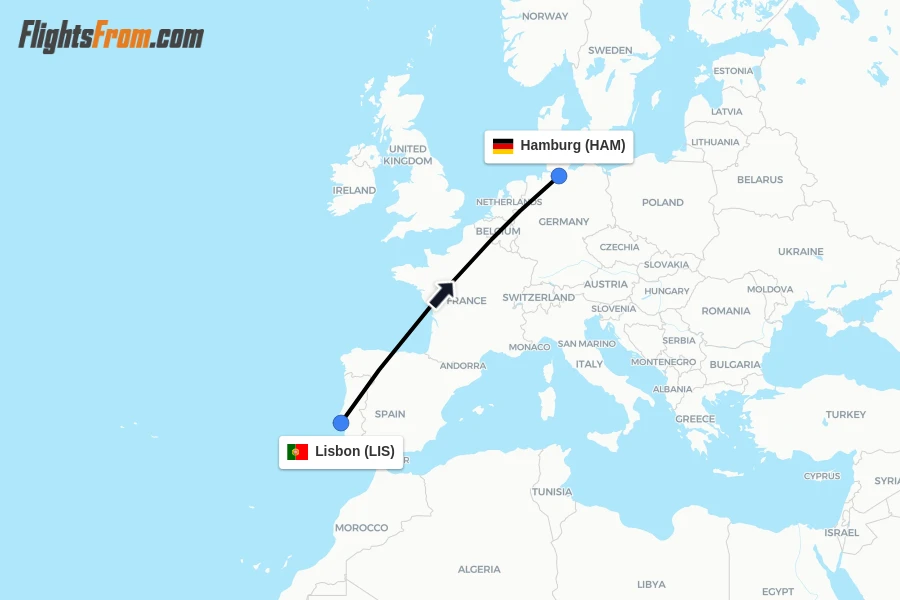 Flights from Lisbon to Hamburg route map