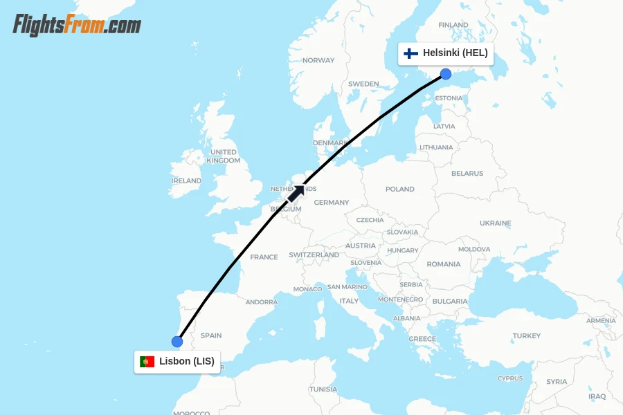 Flights from Lisbon to Helsinki route map