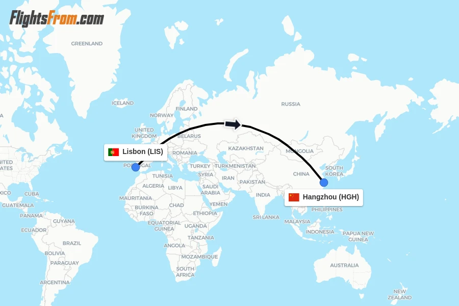 Flights from Lisbon to Hangzhou route map