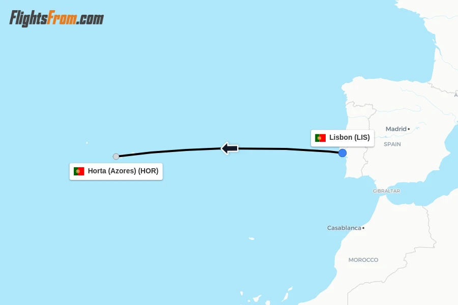 Flights from Lisbon to Horta (Azores) route map