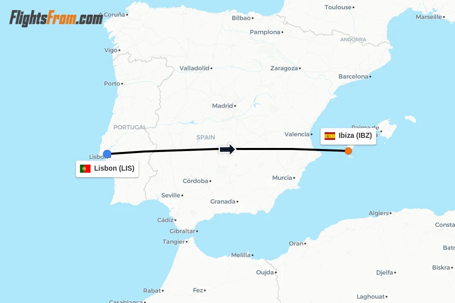 Flights from Lisbon to Ibiza route map
