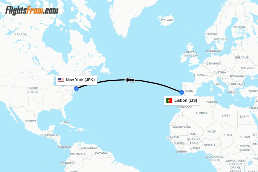 Flights from Lisbon to New York route map