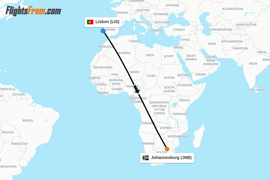 Flights from Lisbon to Johannesburg route map