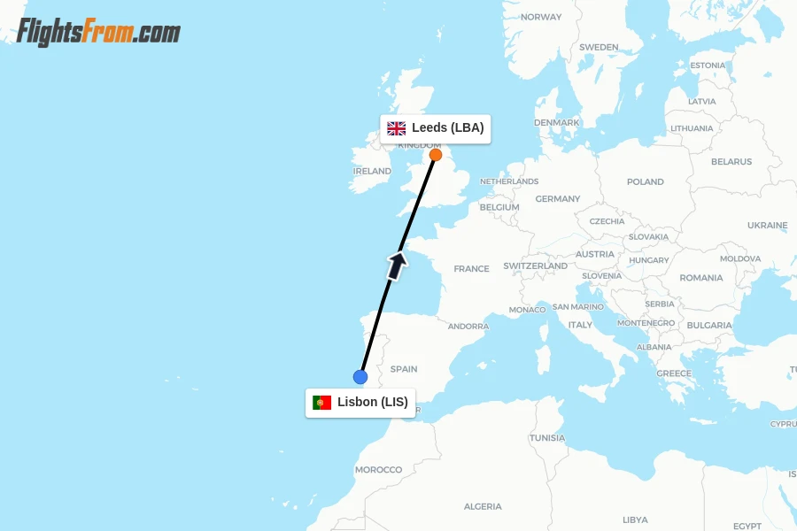 Flights from Lisbon to Leeds route map