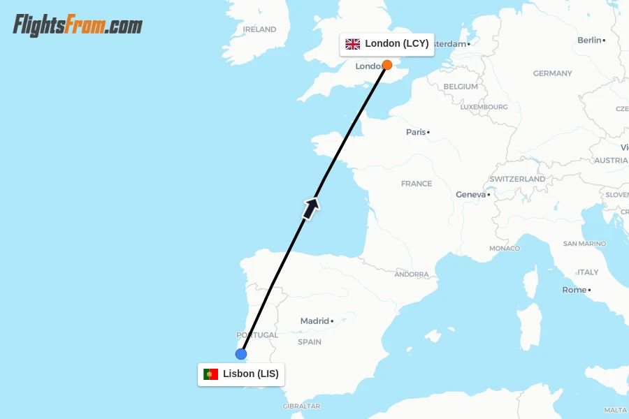 Flights from Lisbon to London route map
