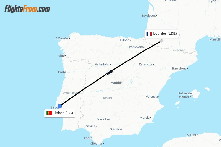 Flights from Lisbon to Lourdes route map