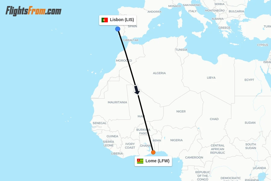 Flights from Lisbon to Lome route map