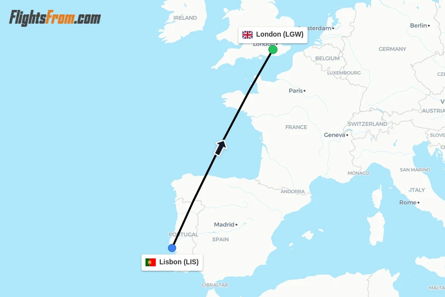 Flights from Lisbon to London route map