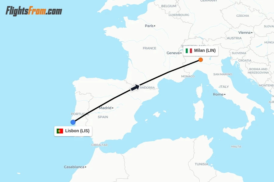 Flights from Lisbon to Milan route map