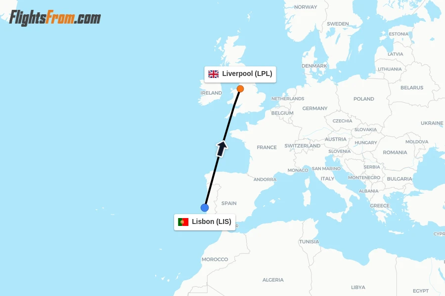Flights from Lisbon to Liverpool route map