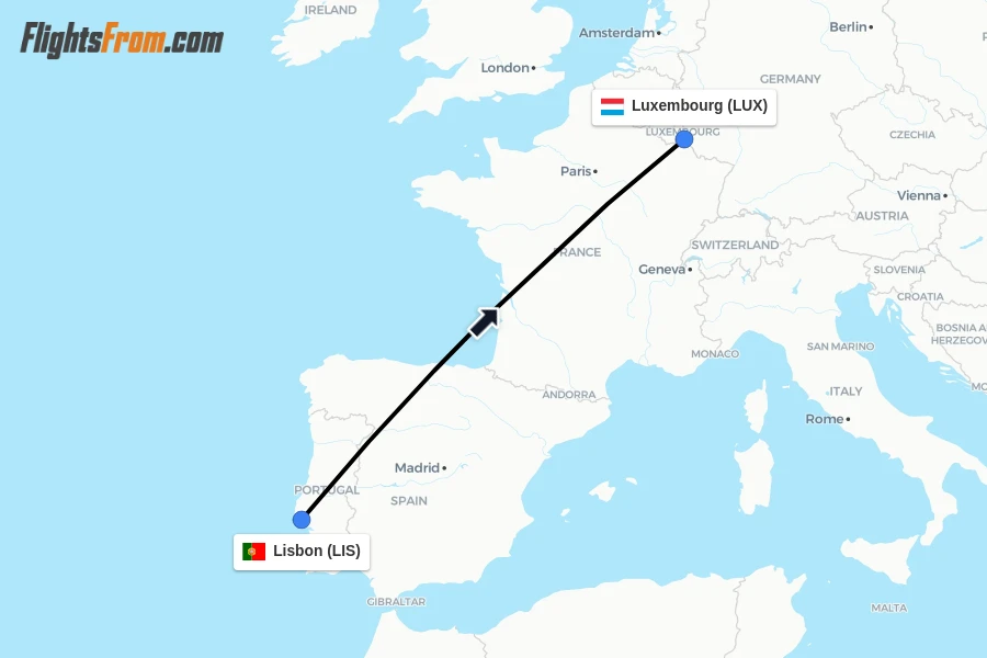 Flights from Lisbon to Luxembourg route map