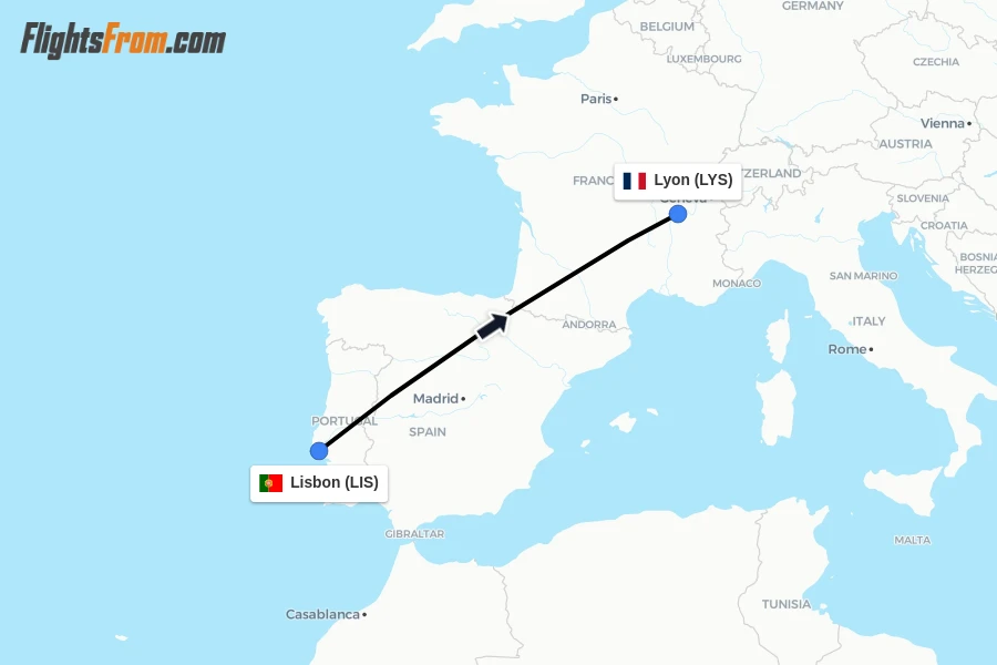 Flights from Lisbon to Lyon route map
