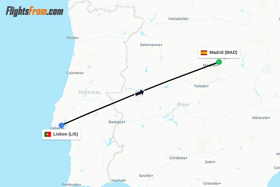 Flights from Lisbon to Madrid route map
