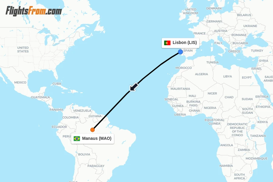 Flights from Lisbon to Manaus route map