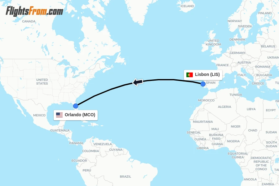 Flights from Lisbon to Orlando route map