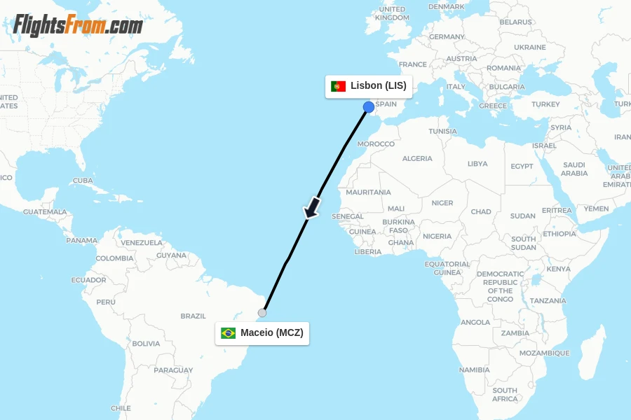 Flights from Lisbon to Maceio route map